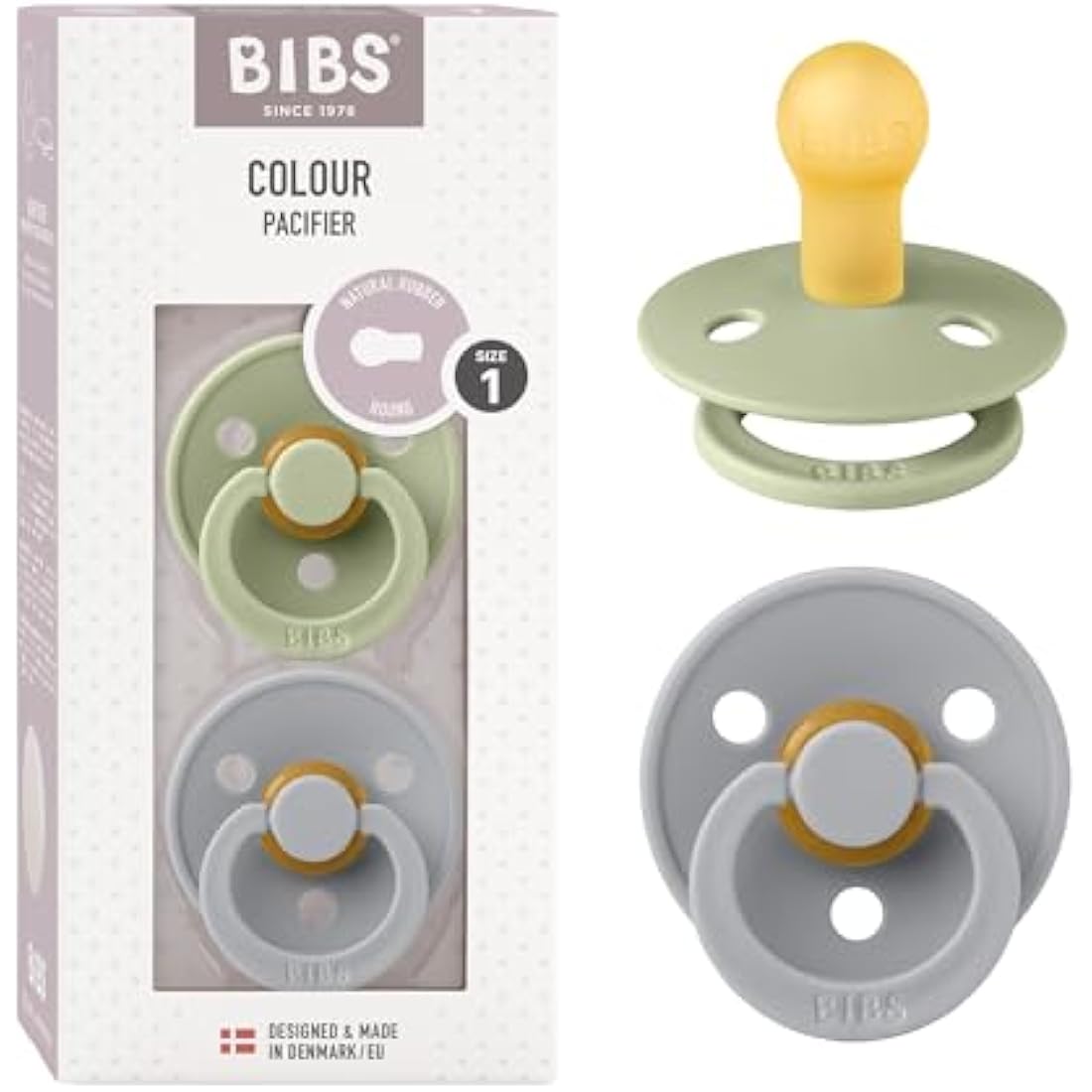 BIBS Colour Soother 2-Pack, BPA Free Dummy Pacifier, Round Nipple. Natural Rubber Latex, Size 1 (0-6 Months), Sage/Cloud