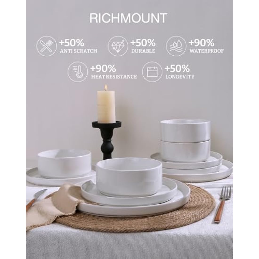 Richmount Nebula Dinner Set for 4, 12-Piece Speckled Dinnerware Stoneware Set, Scratch Resistant, Dishwasher & Microwave Safe, Dining Plates and Bowls Sets, White