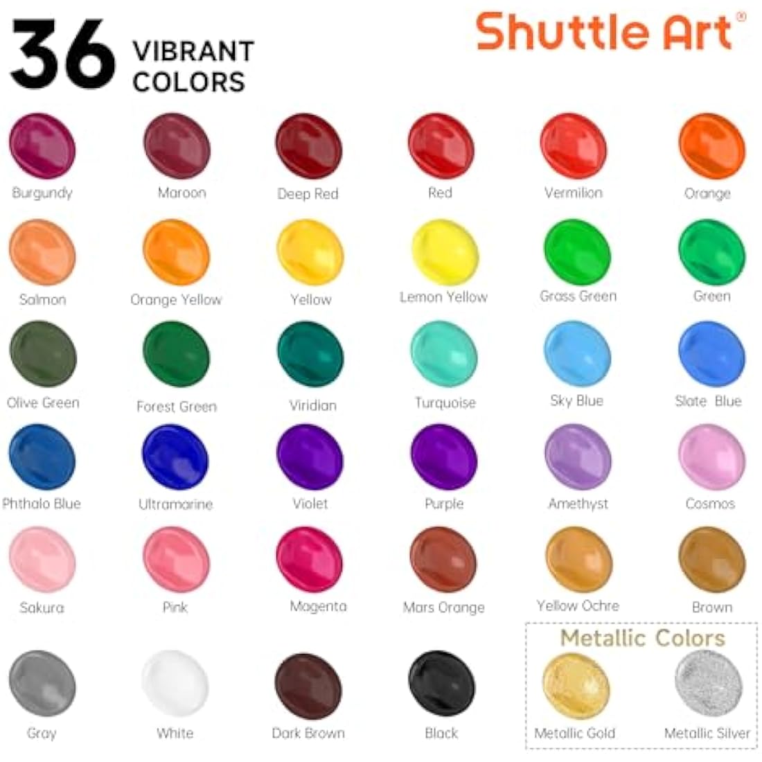 Shuttle Art Acrylic Paint Set, 36 Colours (60ml, 2oz) with 12 Brushes & 1 Palette, Craft painting, Rich Pigments,Non-Toxic for Artists,Beginners and Kids on Rocks, Crafts, Canvas,Wood, Fabric, Ceramic