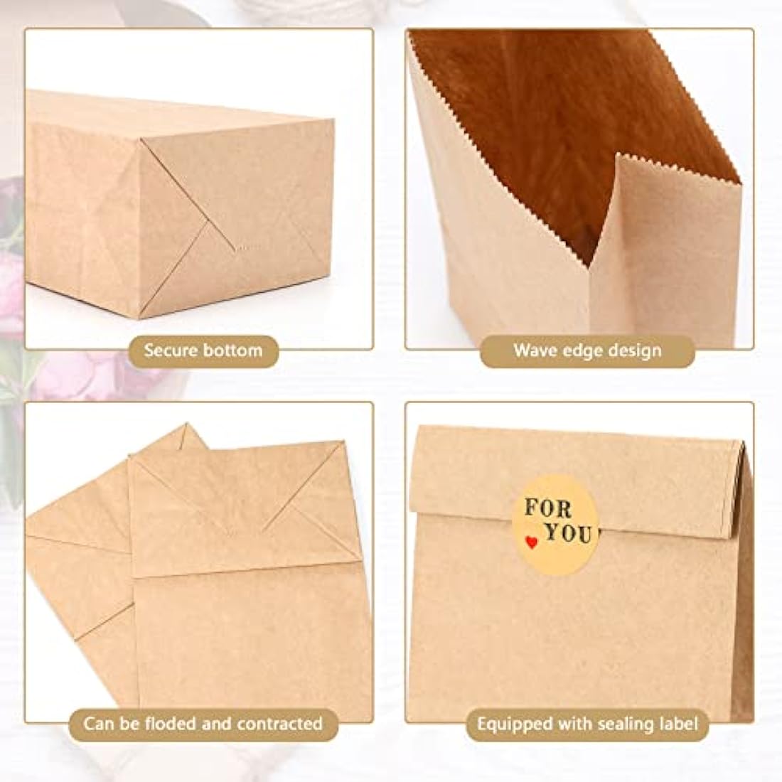G2PLUS 100 Medium Brown Kraft Paper Bags - 13x8x24 CM Candy Favor Bags with Stickers for Snack, Birthday, Wedding and Party