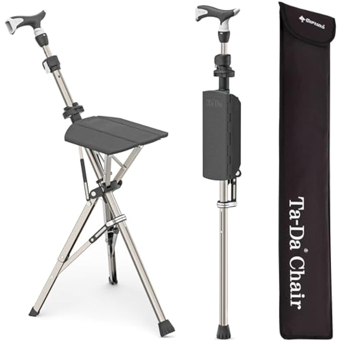 Ta-Da Chair PRO - Walking Stick with Seat, Ultra-Light Aluminium Frame & Sturdy Foldable Stool (up to 120kg), Collapsable Folding Design, Ideal for Travel & Sightseeing - Black, Adjustable