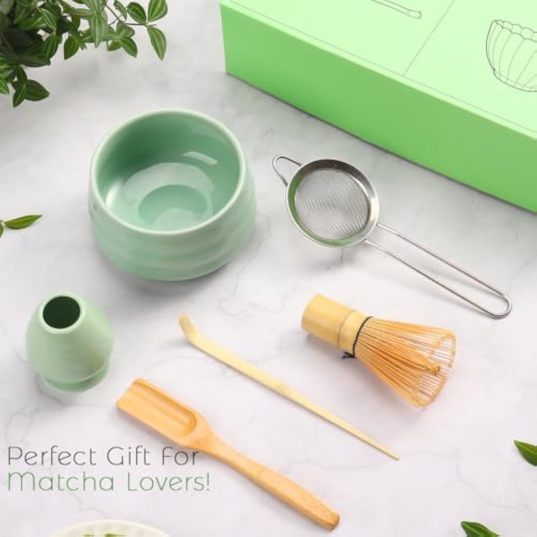 Geebuzz Matcha Whisk Set - Matcha Bowl and Bamboo Matcha Whisk, Scoop, Spoon, Sifter, Whisk Holder, 6pcs Perfect Matcha Starter Kit for Matcha Tea Ceremony (Green)