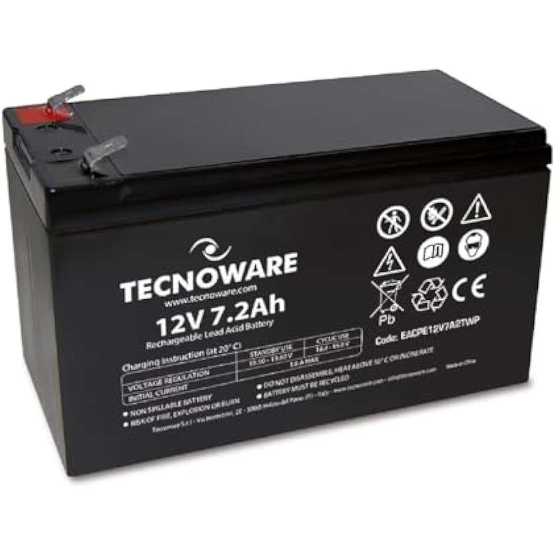 Tecnoware Power Systems - 12V Charge 7.2 Ah Lead-Acid Sealed Battery, for UPS, Video Surveillance and Alarm Systems, 2.5 Inch Faston Connection, Long Lasting, No Maintenance, Bianco, Size 7.2 Ah