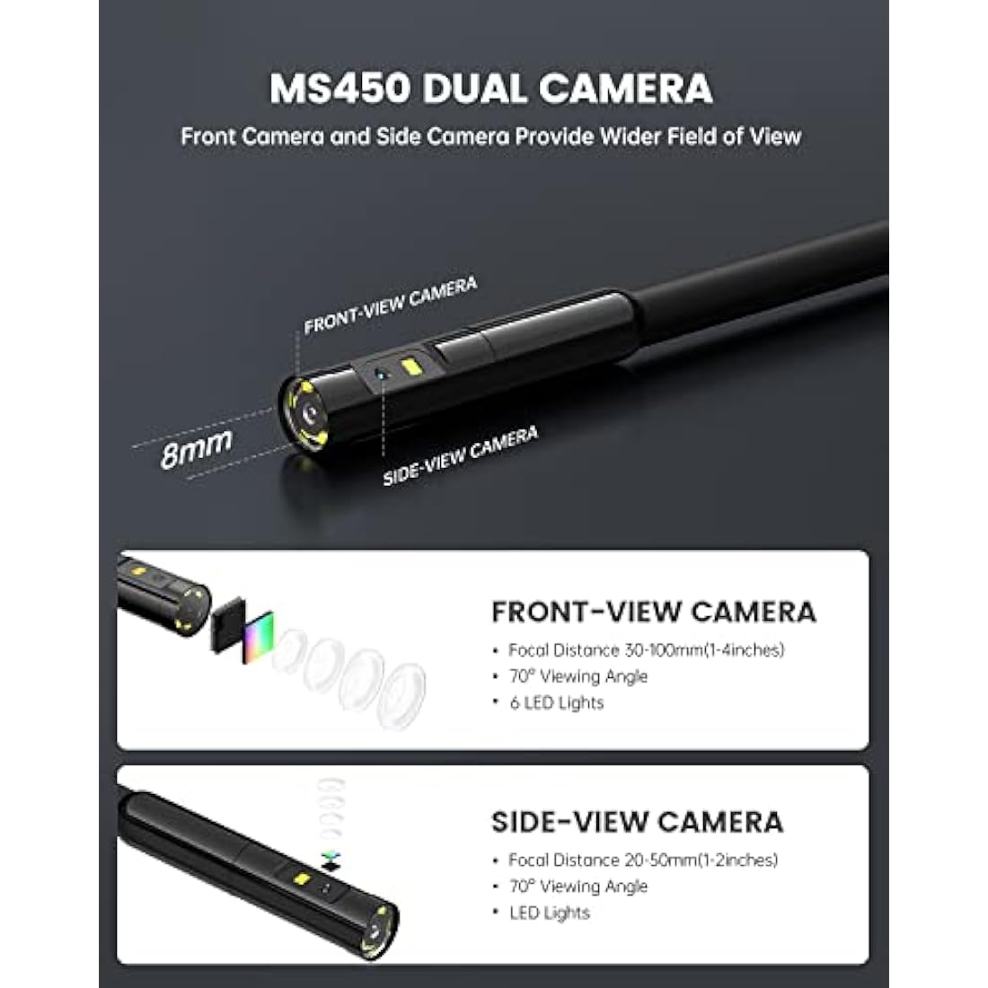 Teslong Dual Lens Endoscope Inspection Camera, 4.5 Inch Screen Borescope with Lights,16.5FT Semi-Rigid Waterproof Snake Camera, 32GB TF Card & Carrying Case for Car/Sewer Drain Pipe Inspection