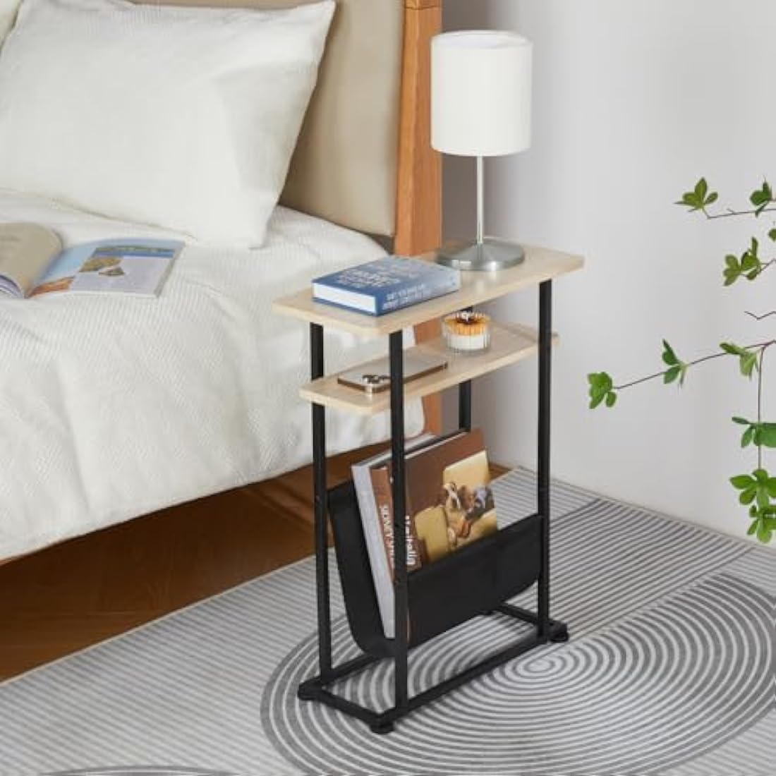 ZEXVIDA Small Side Table for Small Spaces - Slim End Table with Magazine Holder - 2 in 1 Narrow End Table Living Room - Skinny Bedside Table Nightstand Bedroom Thin Side Table (Oak)