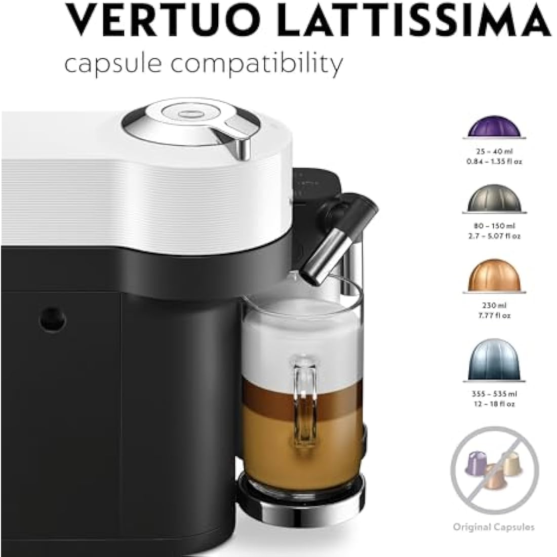 Nespresso Vertuo Lattissima Coffee Machine by De'Longhi for Vertuo Coffee Pods, Latte, Cappuccino, Integrated Milk Frother, Starter Capsule Set Included, ENV300.W, White