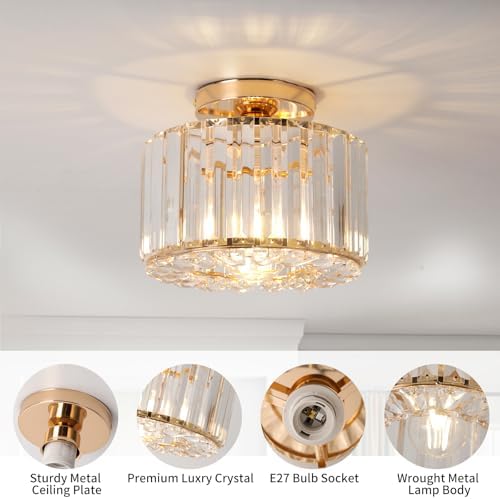 ZYDTRIP Crystal Ceiling Light Fixture Semi Flush Mount Ceiling Lamp Modern Gold Crystal Chandelier for Living Room Hallway Dining Room Kitchen