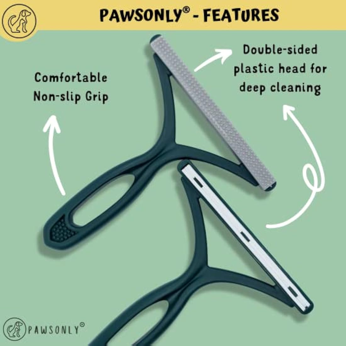 PawsOnly | Pet Hair Remover for Carpet, Furniture, Car, Sofa, Stairs, Clothes | Dog & Cat Fur Scraper Tool | Double Sided Plastic Brush | Reusable & Portable | Handheld Fluff Rake (Orange + Green)