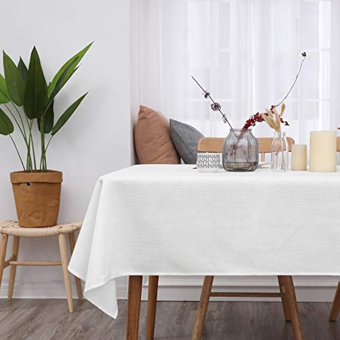 Deconovo Solid Faux Linen Rectangle Tablecloth Water Resistant Table Cloth for Wedding 51x63in(130x160cm) White