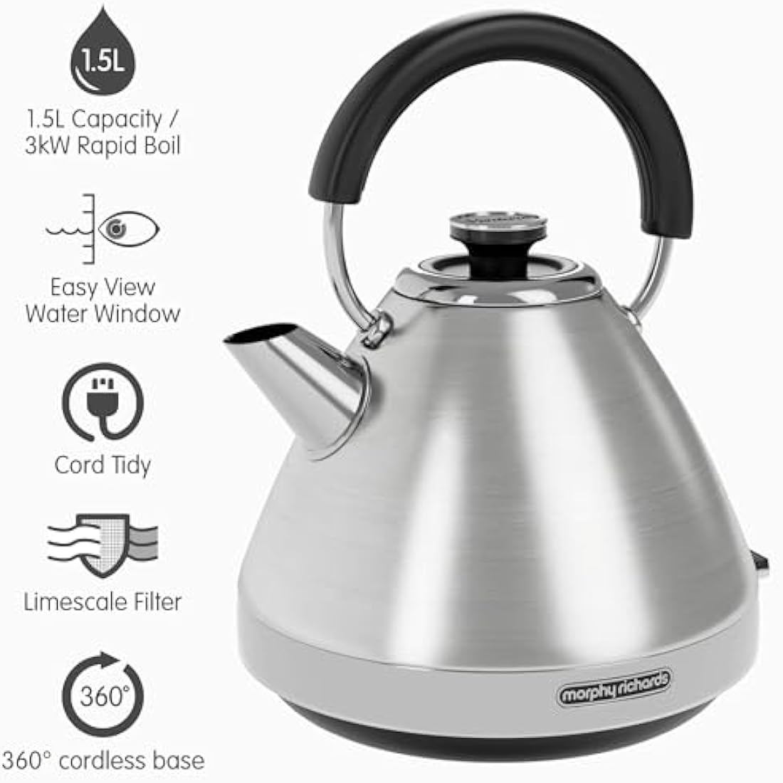 Morphy Richards Venture Pyramid Kettle - Brushed Stainless Steel - 1.5L - Rapid Boil - Metal - 100130