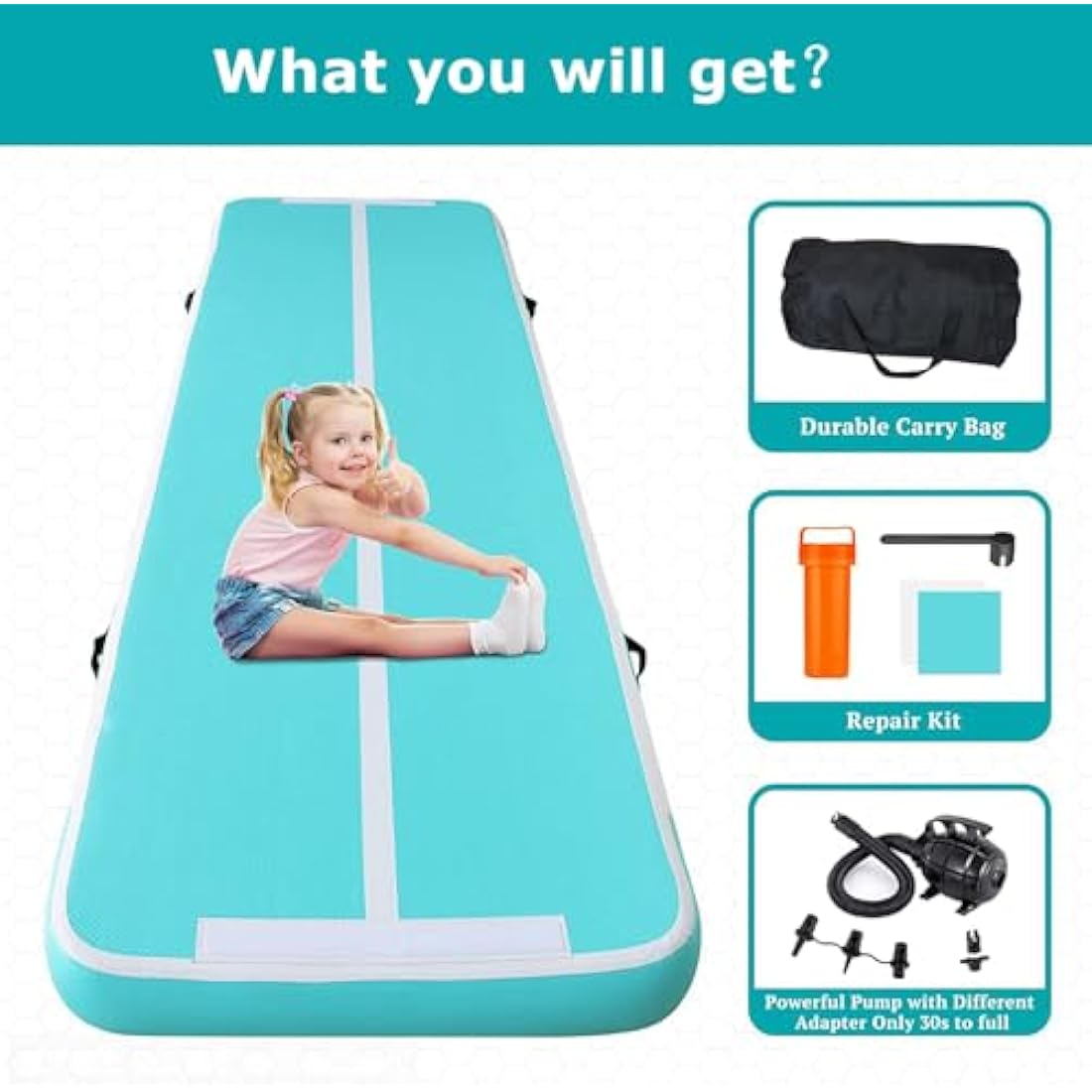 MEKETUM Air Tumble Track Gymnastic Mat Inflatable 6.6ft 10ft 13ft 16ft 4/8 Inch Thickness Gym Tumbling Floor Mats with Air Pump for Home Use/Cheerleading/Yoga/Dance/Water Fun