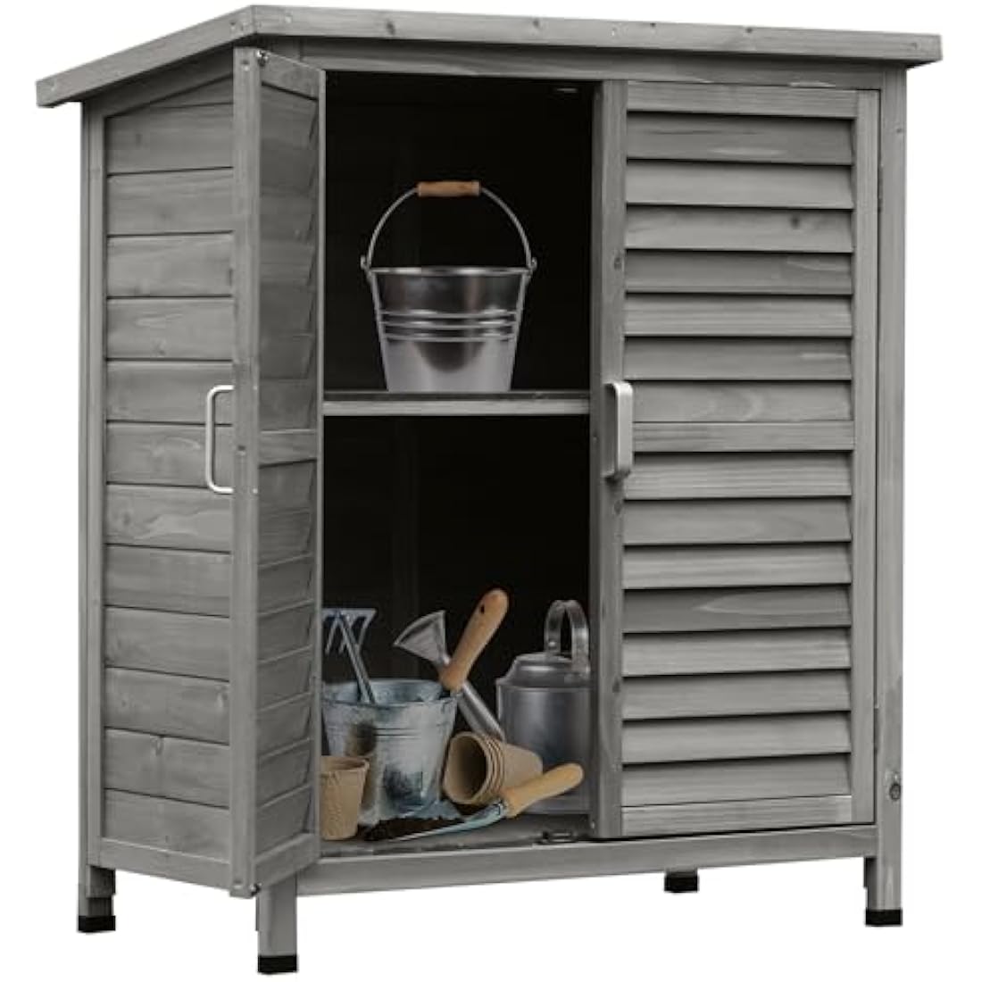 Outsunny Garden Shed Wooden Garden Storage Shed 2 Door Unit Solid Fir Wood Garage Tool Organisation Cabinet, 87L x 46.5W x 96.5Hcm, Grey