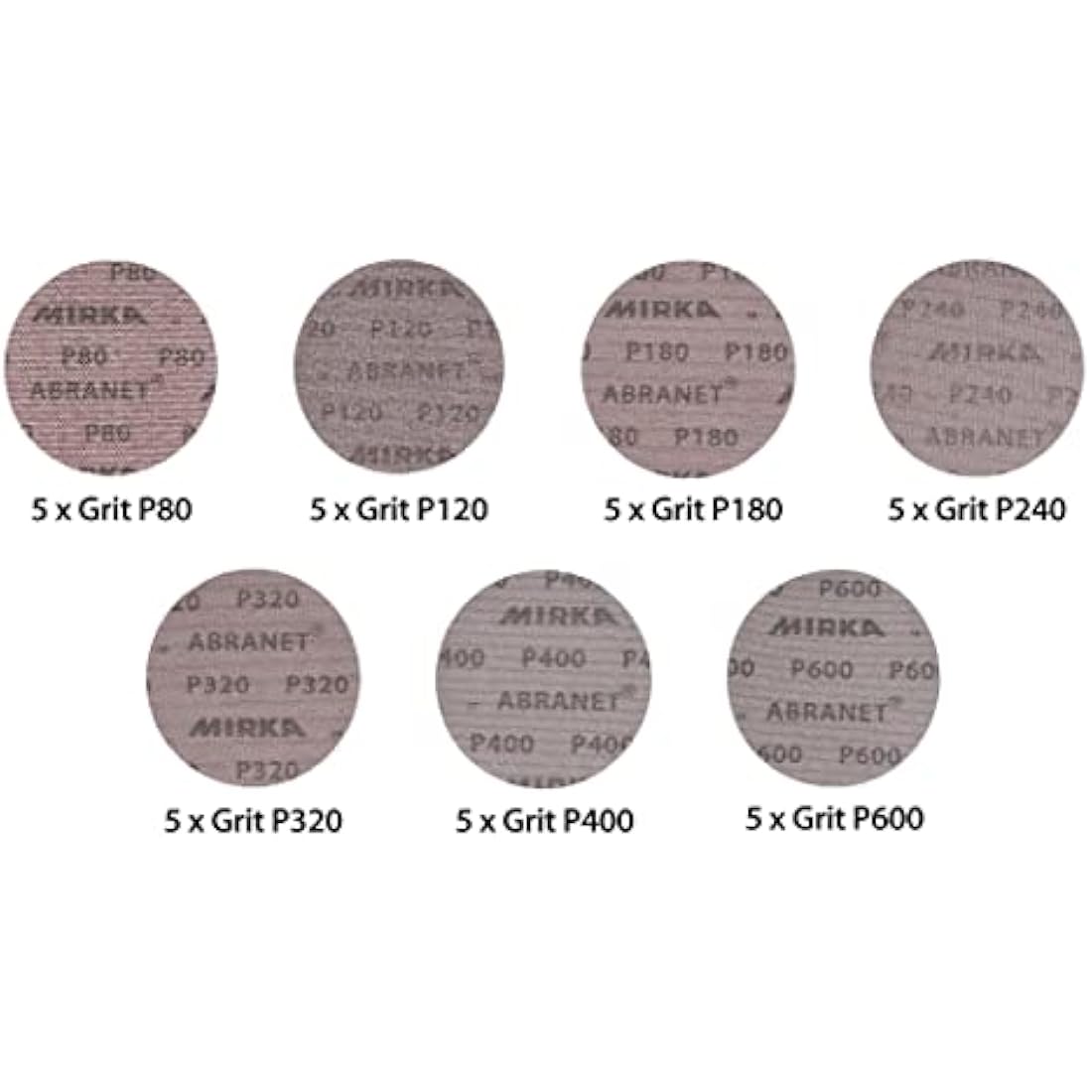 Mirka Abranet net sanding discs Ø 125 mm Hook & loop/Mix-pack 5 pcs of each grit size 80, 120, 180, 240, 320, 400, 600/35 pcs/For all 125 mm orbital sanders and grinders