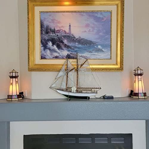Bieye L30626 Lighthouse Tiffany Style Stained Glass Accent Table Lamp Night Light, 6" W x 12" H