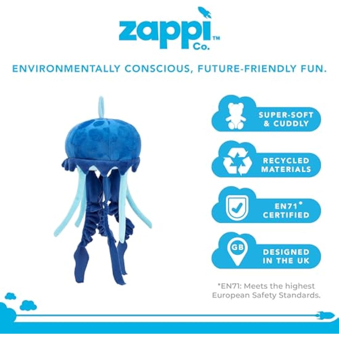 Zappi Co 100% Recycled Plush Jellyfish Blue Toy (33cm Height) Stuffed Soft Cuddly Eco Friendly animals Collection For New Born Child First kid