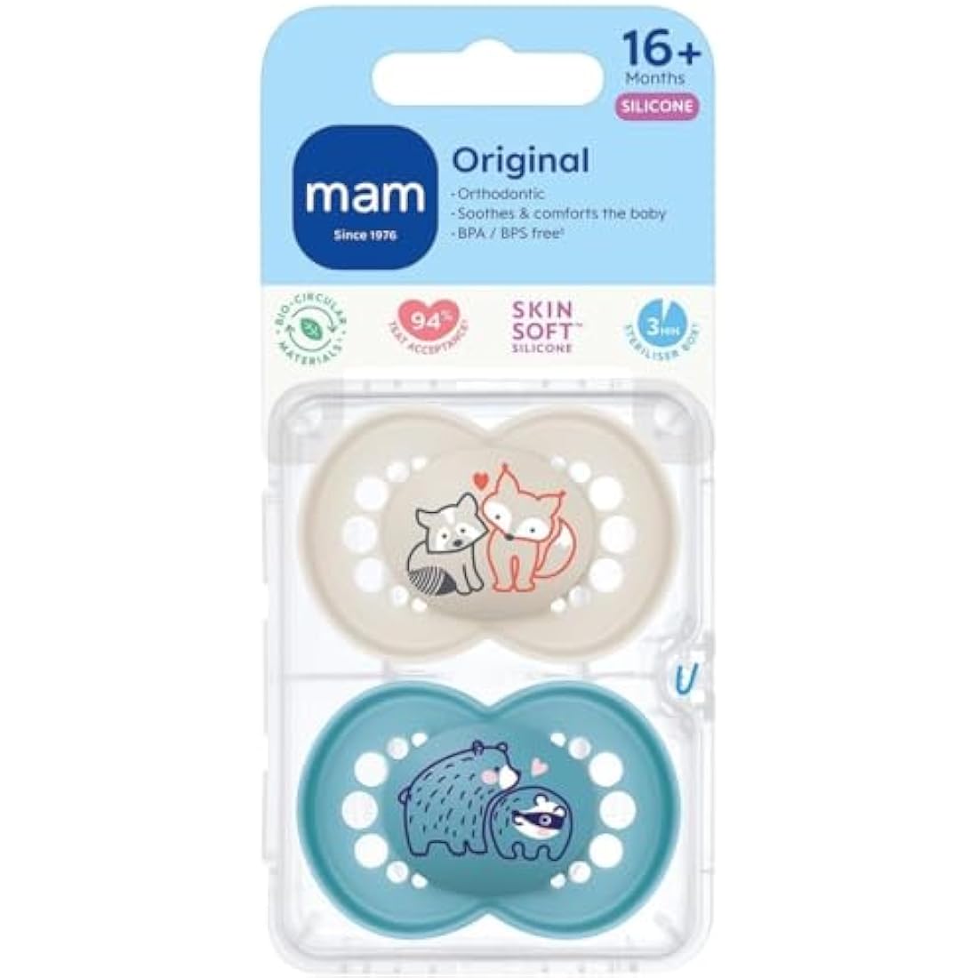 MAM Original Soothers | 18-36 Months | Pack of 2 | Comes in Dummy Steriliser Box | Sustainable Materials | Baby Accessories | Blue (Various Designs)
