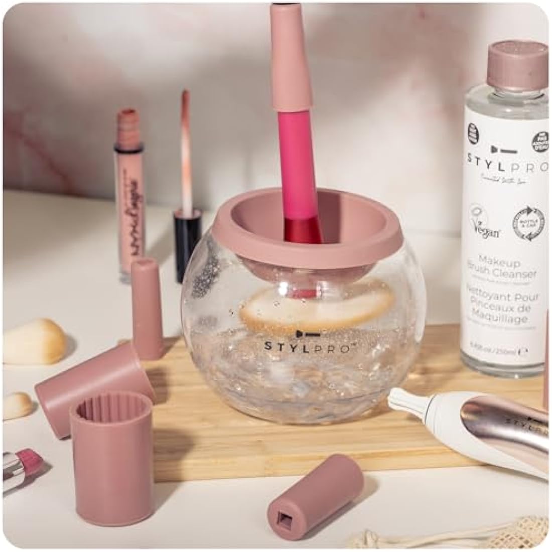 StylPro Gift Set Kit: Electric Makeup Brush Cleaner and Dryer Machine with 8 Brush Collars, Brush Cleanser - Fast, Automatic Spinning Brush Cleaner with Heat-Resistant Bowl (ROSE GOLD)
