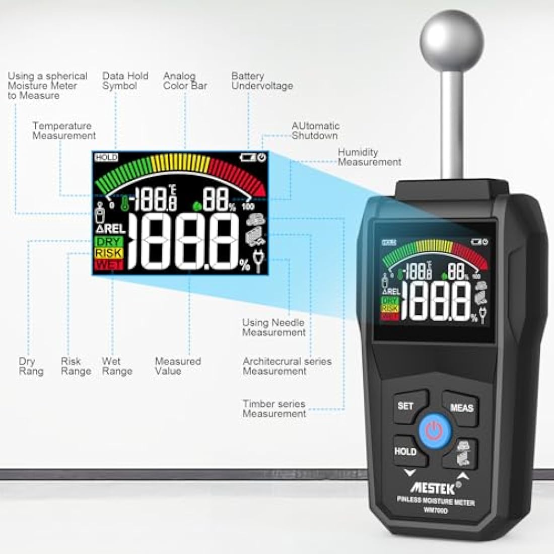 Moisture Meter,MESTEK Damp Meter,2 in 1 Damp Meter for Walls Pin & Pinless with Color LCD and Audible Alarm, Detects 20-40mm of Wall, Wood, Masonry, Concrete and Other Building Materials