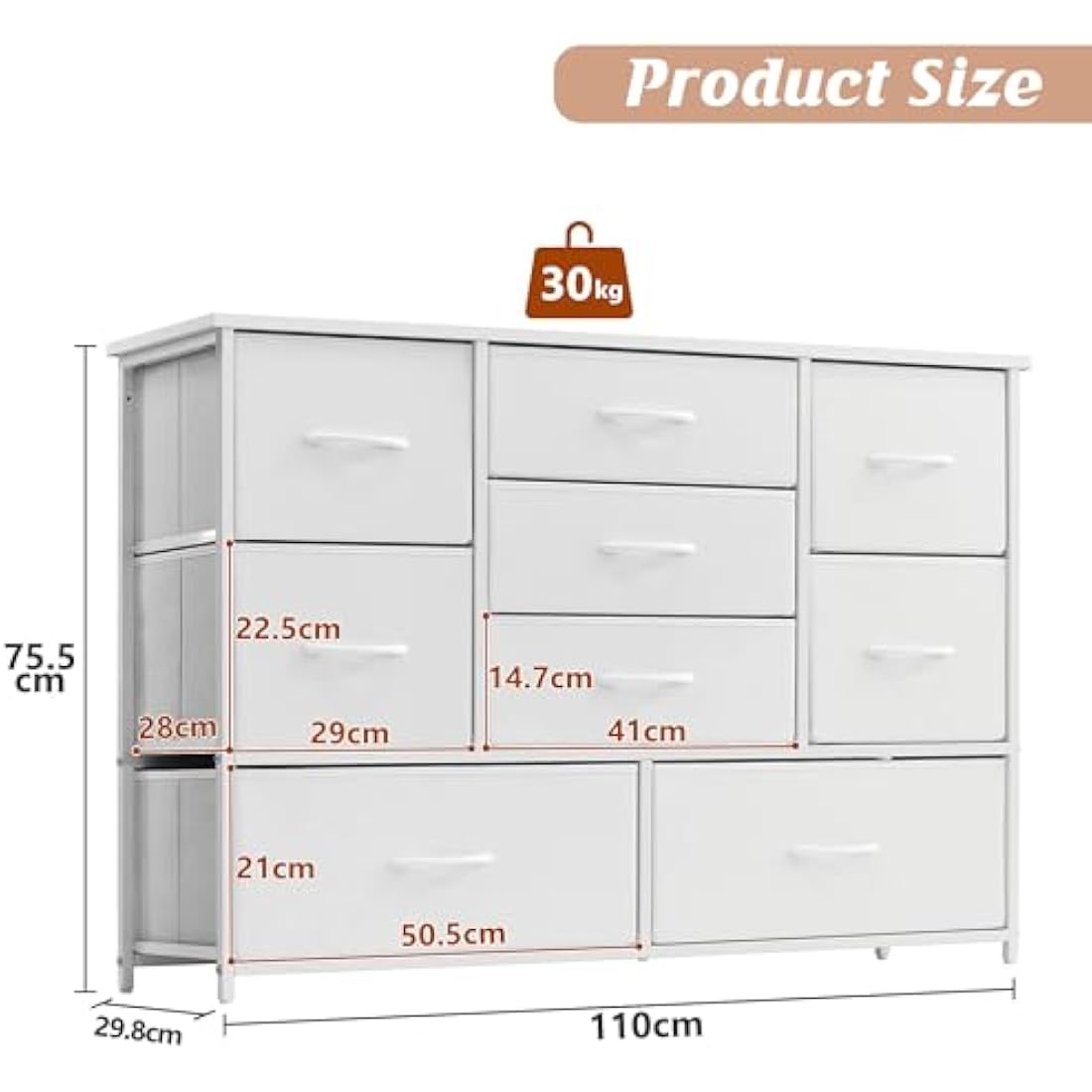 LYNCOHOME White Chest of Drawers for Bedroom, 9 Drawer Fabric Dresser Storage Organizer, Wide Dresser TV Stand for Bedroom, Living Room, Entryway, Nursery