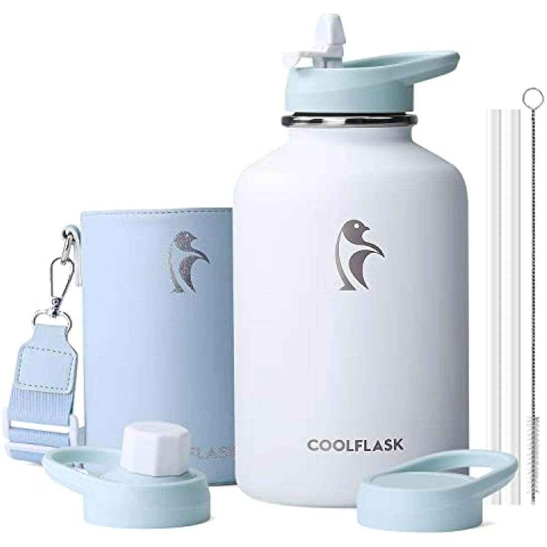 Coolflask 2L Water Bottle Stainless Steel with PU Leather Sleeve, Insulated Water Bottles Color Contrast with Straw Lids, Half Gallon Metal Water Bottle, Keep Cold 48h Hot 24h, Glacier White