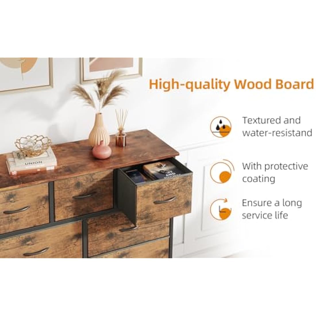 CAIYUN Chest of Drawers,Dresser for Bedroom with 9 Drawers,Fabric Dresser with Wood Top and Large Storage Space, Easy to Assemble, for Bedroom, Living room, Rustic Brown