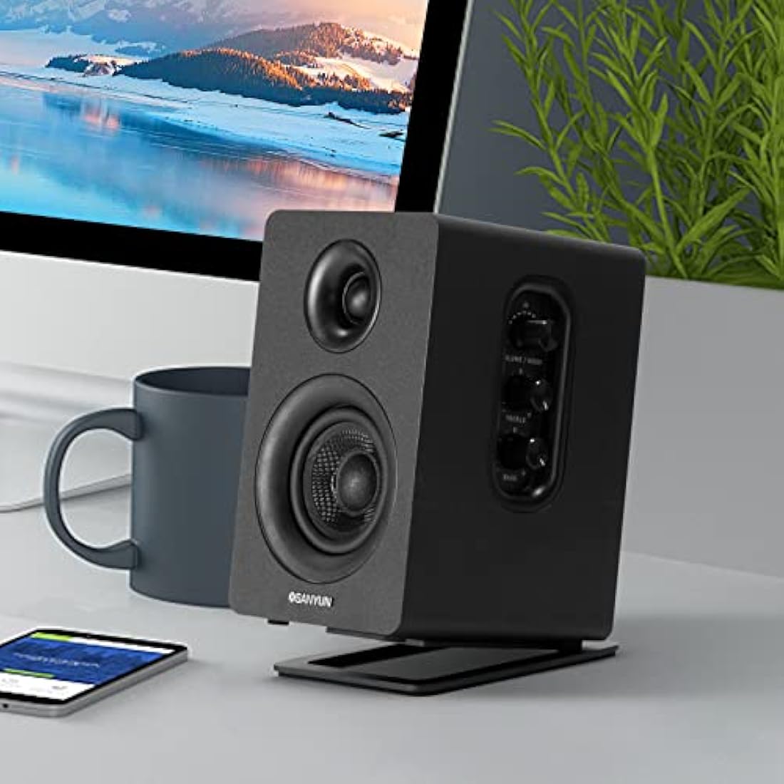 Sanyun SW601 15° Tilted Desk Speaker Stands for Compact 2''-3'' Computer PC Bookshelf Monitor Speakers, Steel Metal Base & Damping Foam Padding (Pair, Black)