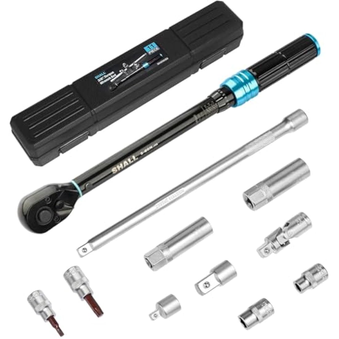 Shall 11-Piece 3/8" Torque Wrench Set, (5-60Nm) Dual Direction Adjustable 72 Tooth for Suitable for car and Motorcycle Maintenance,with Extension Pole and Storage Box