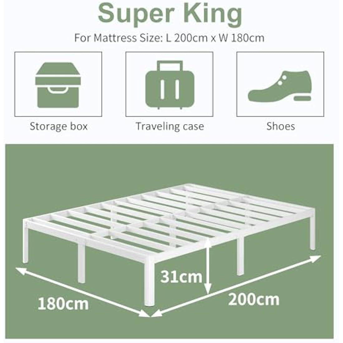 Lutown-Teen 6ft Super King Bed Frame 30.5 cm High with Rounded Corner Legs, Heavy Duty Metal Bed Frame Super King Size 180x200 with Steel Slats Support, Noise Free, Easy Assembly,White