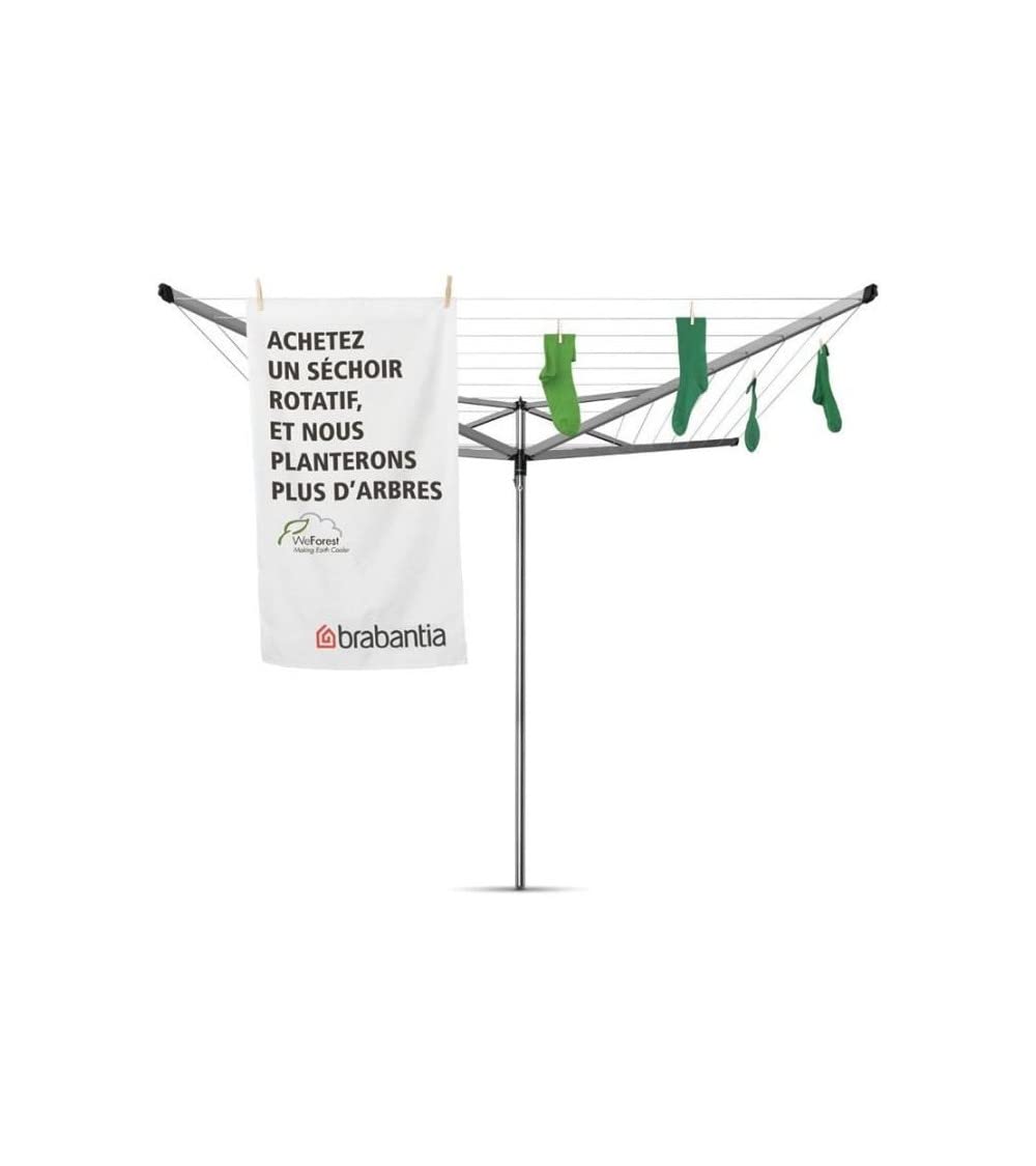 Brabantia 50m Essential Rotary Washing Line (Metallic Grey) Collapsible Umbrella System, 4 Arm Outdoor Clothes Dryer + 35mm Plastic Ground Tube