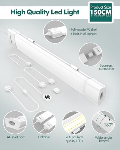 KUKUMAO LED Batten Light 5FT 45W with Plug,6000K Tube Light 5000LM Ceiling Light for Garage Office Cellar Shop Basement School Bathroom Restaurant Hotel Hostipatal Indoor or Outdoor.