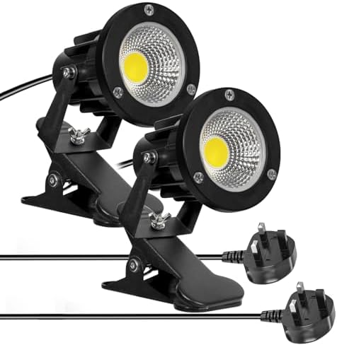 Milpoel COB LED Clip on Spot Lights, 7W, 3M Cord, IP65 Waterproof, for Indoor/Outdoor Pathway, Deck, Lawn, Patio, Walkway, Billboard (White Light, 2 Pack)