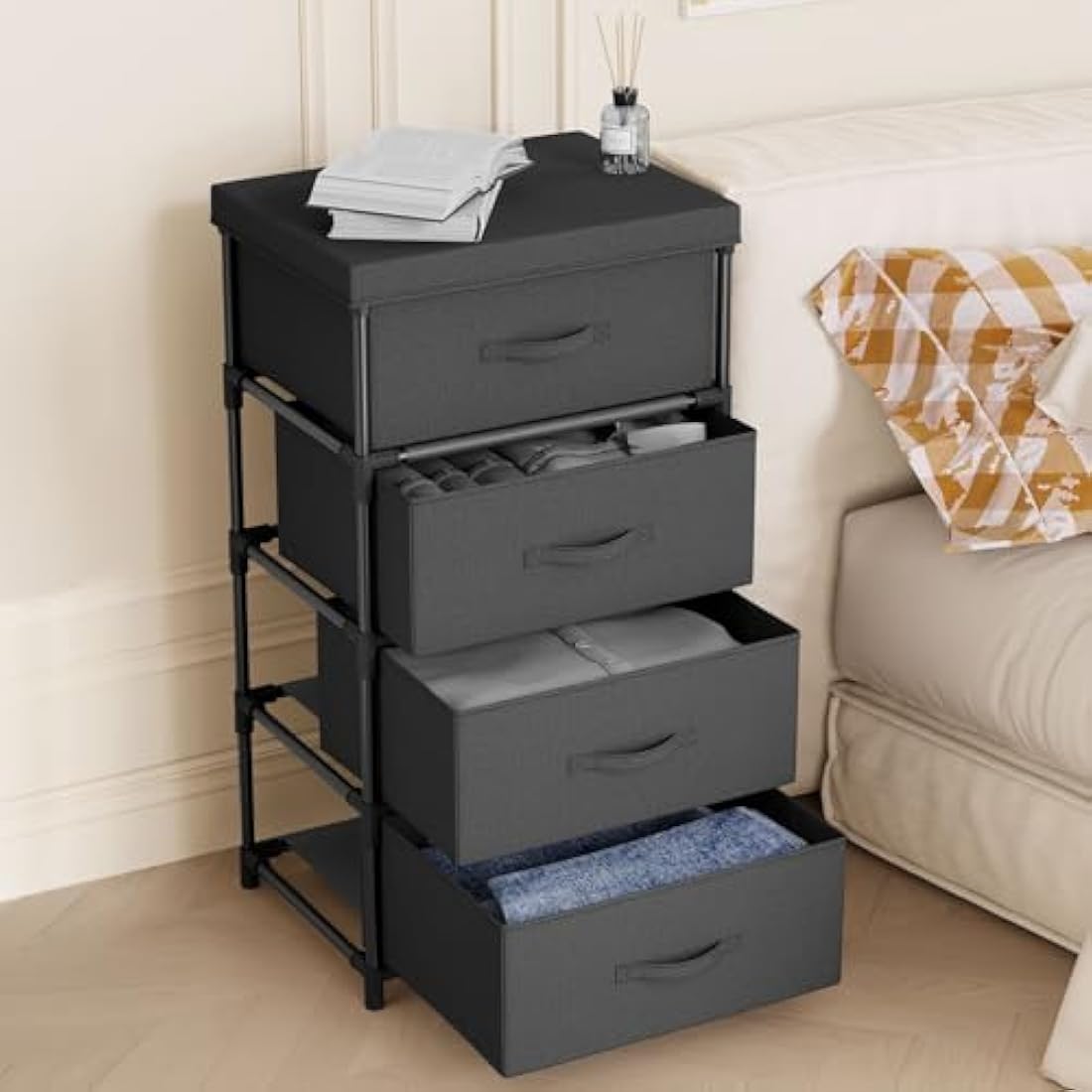 WANGIRL Fabric Chest of Drawers Bedroom, 4 Drawers Storage Unit with Sturdy Steel Frame, Dresser Drawers for Bedroom, Living Room, Hallway, Office and Closet - Black