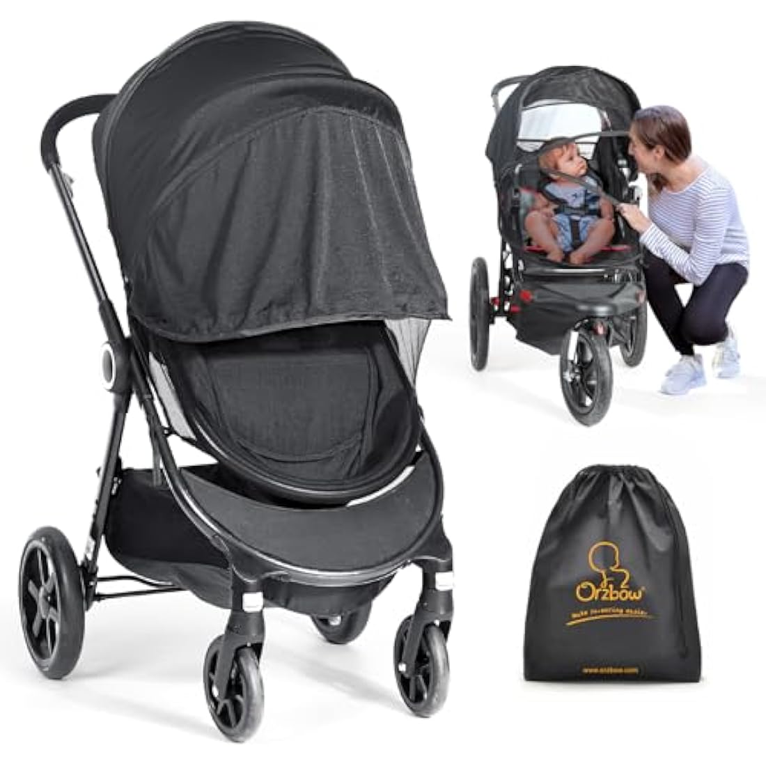 Orzbow Universal Mosquito Net for Pram, Breathable Pram Sun Shade w/UPF 50+, Pram Mosquito Net w/Blackout Cover, Two Way Zipper for Easy Access (Black)