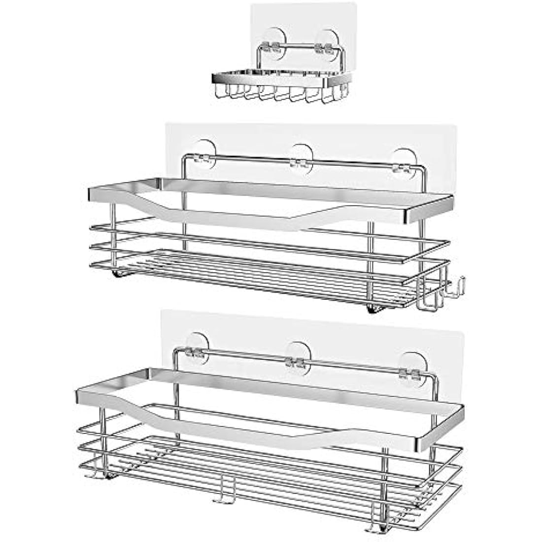 Orimade Shower Caddy Basket Soap Dish Holder Shelf with 5 Hooks Bathroom Organiser Shelf Kitchen Storage Rack Wall Mounted Adhesive No Drilling SUS304 Stainless Steel - 3 Pack