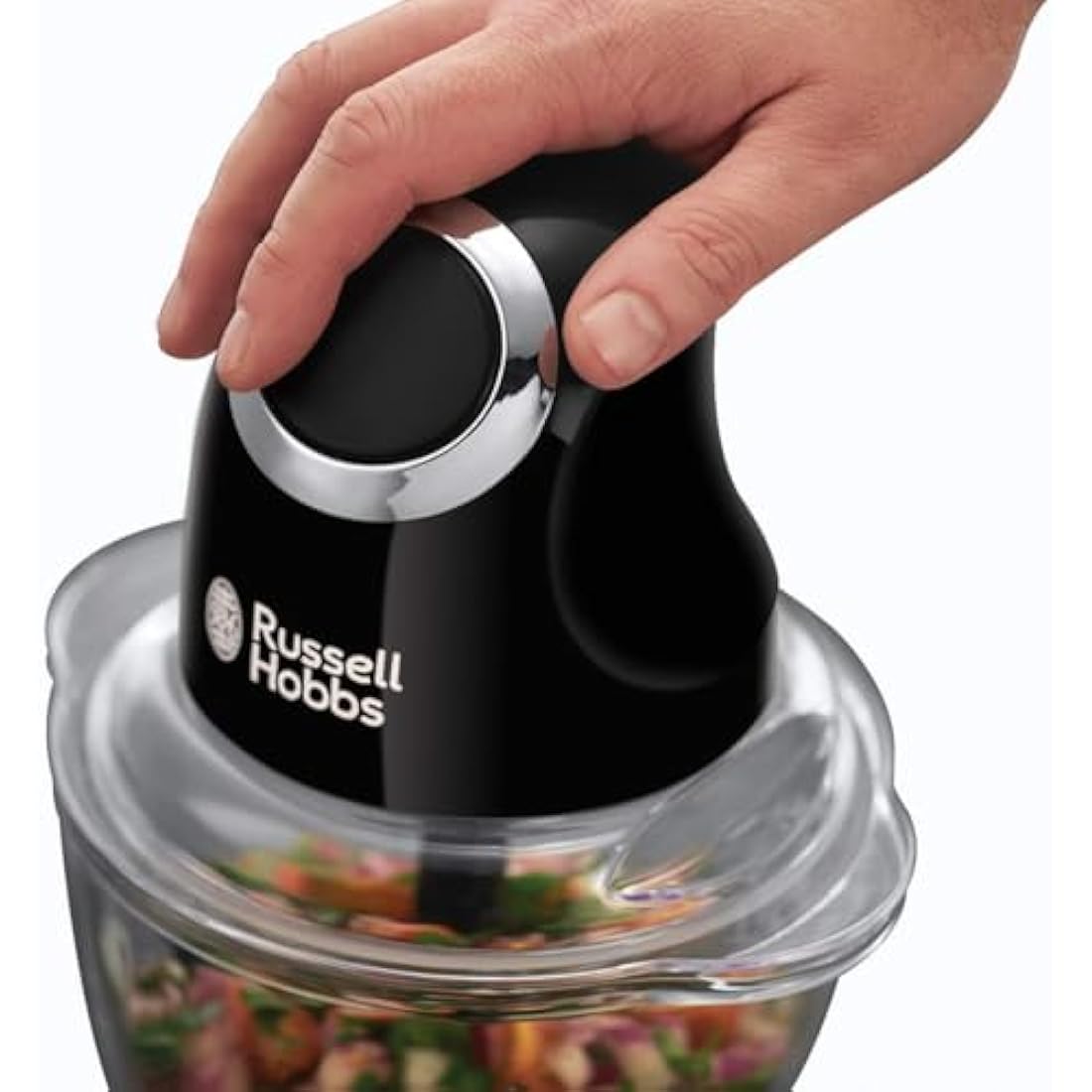 Russell Hobbs Desire Electric Fruit & Vegetable Mini Chopper, 1L glass bowl with 500ml food capacity & storage lid, Dishwasher safe parts, Stainless Steel blades, One touch operation, 200W, 24662