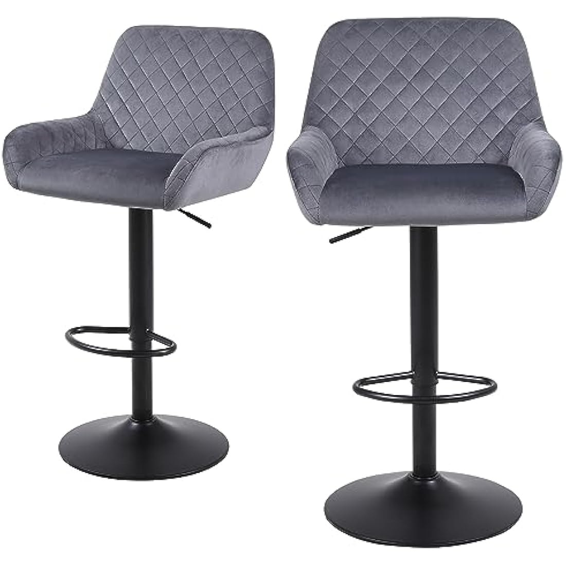 ralex-chair Bar Stools Set of 2, Height Adjustable Velvet Fabric Swivel Barstool Bar Chairs, Breakfast Dining Stools With Backrest and Armrest for Bar, Counter and Kitchen, Grey