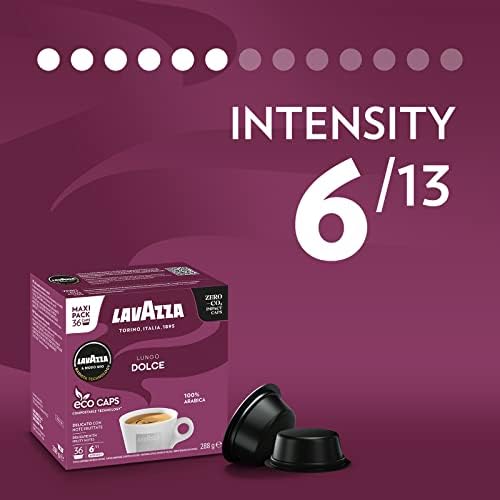 Lavazza A Modo Mio Lungo Dolce, Coffee Capsules, 100% Arabica, Sweet and Smooth Taste, Intensity 6/13, Medium Roasting, Perfect for a 40ml Espresso, Compostable, 36 Espresso Pods