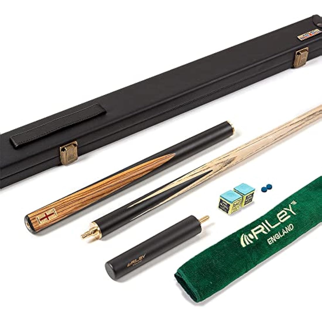 Riley England 3 Piece Snooker Cue & Hard Case 3/4 Cut – Hand Spliced Ebony Butt - 145cm - North American Ash Shaft with 9.5mm Tip - Includes 15cm Extension & Accessory Pack