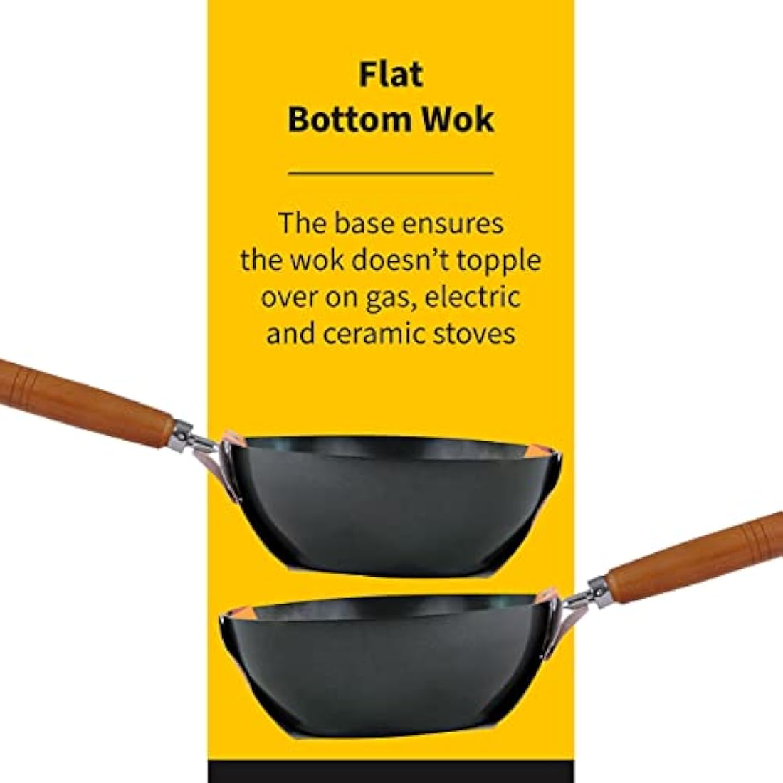 Ken Hom Carbon Steel Wok, 31cm, Classic, Non-Induction/Wooden Handle/Flat Base Pan, Includes 1 x Chinese Wok Pan, KH331001