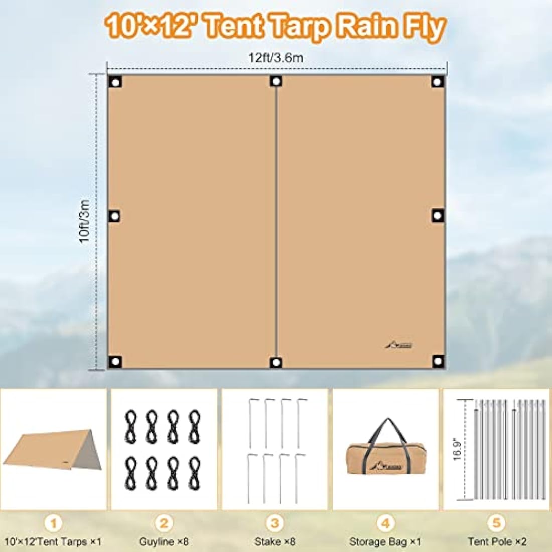 WADEO 3x3.6M/10×12FT Camping Tarp, Waterproof Heavy-Duty Tarp Shelter with Adjustable Poles, UV Protection, Sun & Rain Cover, Hammock Tent for Camping, Beach, Festival