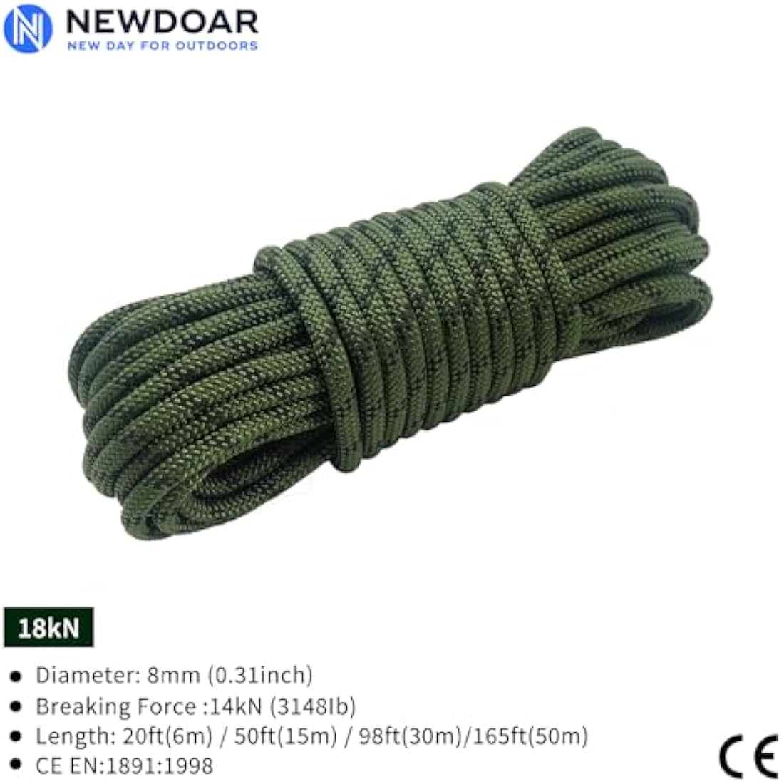 NewDoar Outdoor Rope 14KN/18KN 8mm/10mm High Strength Accessory Cord Rope Double Braid Multifunctional Cord for Camping, Hiking, Fishing, Hauling Loads, Hammocks,Tents