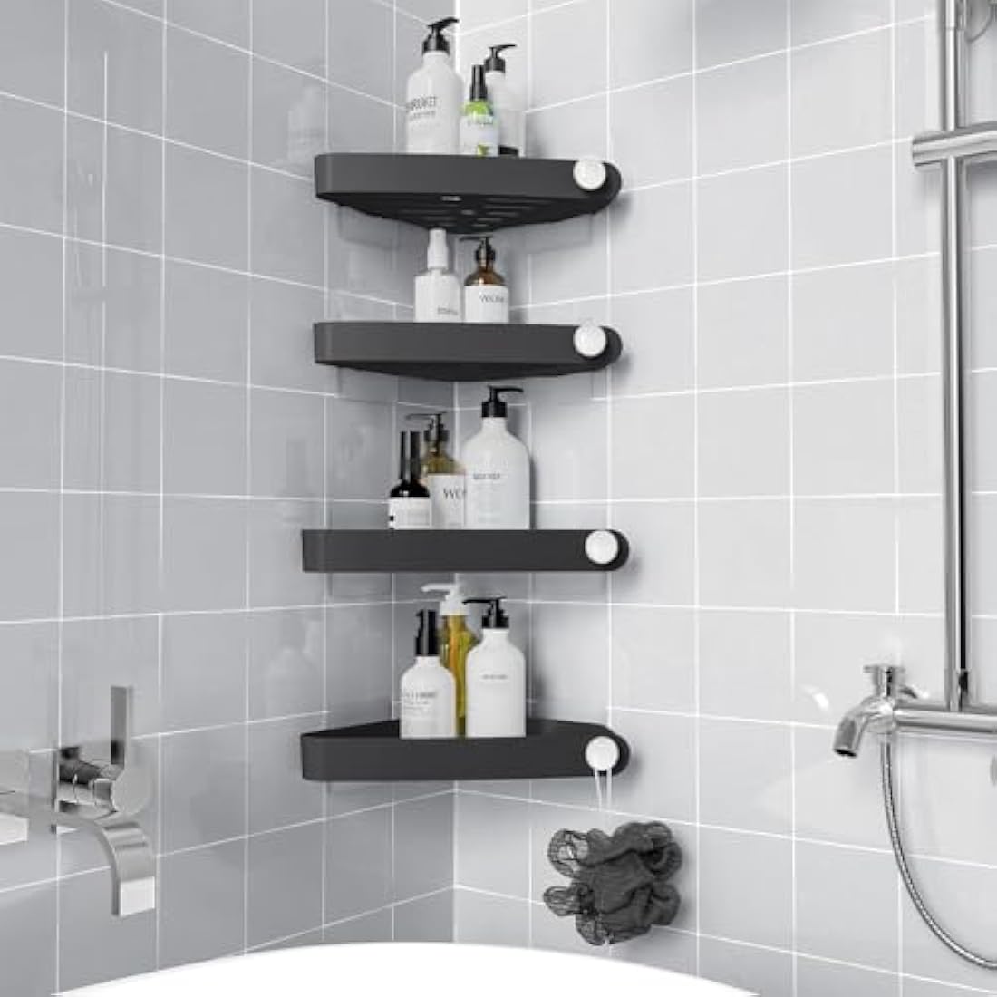 Sotfamily 4 Packs Black Shower Caddy, No Drilling Shower Corner Shelf with Adhesive Pad, Rust Free Plastic Shower Storage for Bathroom, Kitchen, Toilet