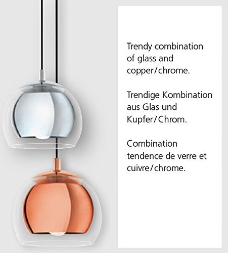 EGLO Rocamar Pendant Lamp, Copper-Coloured Metal and Clear Glass Ceiling Light, Dining and Living Room Hanging Lighting, E27 Socket