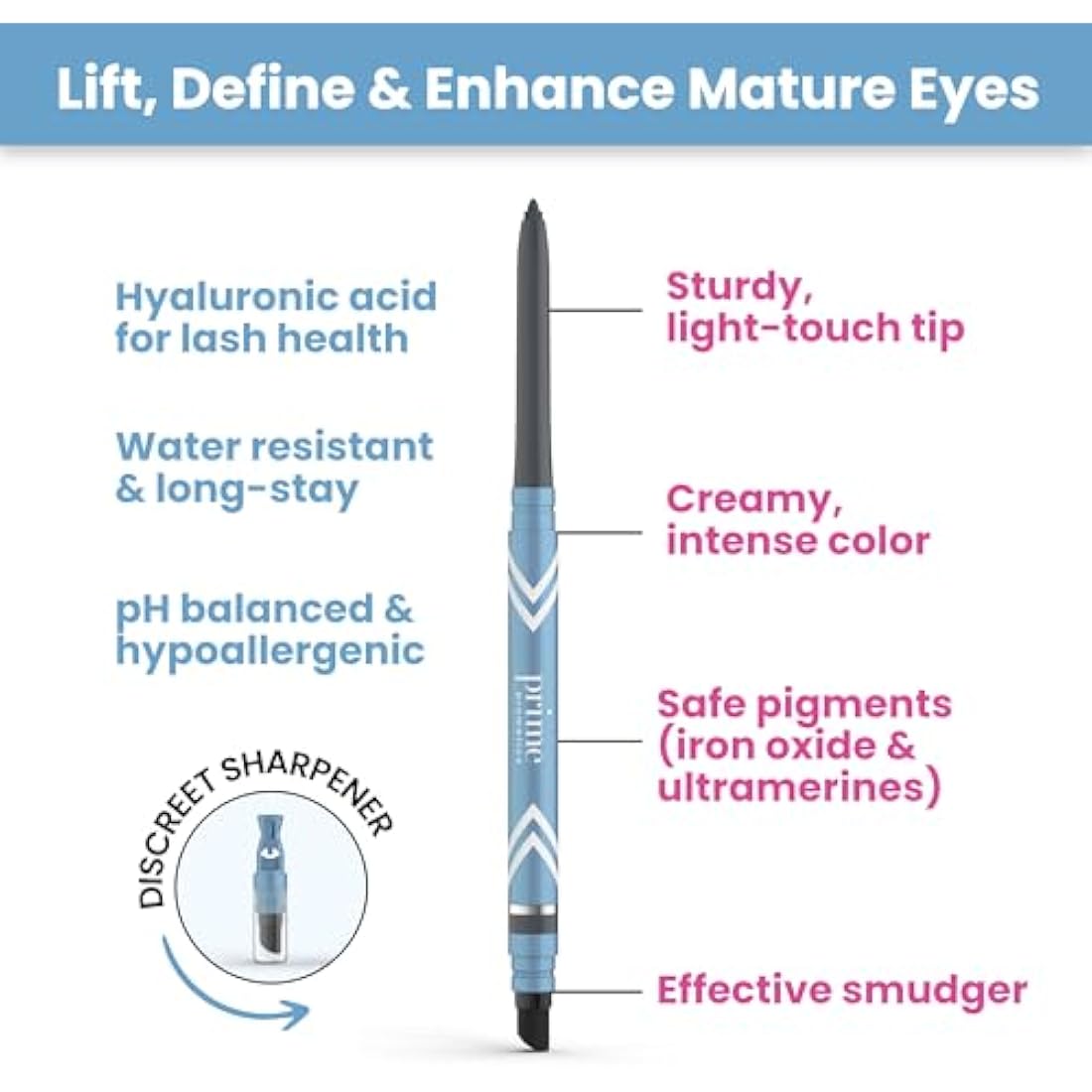 Prime Prometics PrimeEyes Glide Eyeliner for Mature Women – Water-Resistant, Long-Stay and Mess-Proof – Gel Cream Texture, Discreet Sharpener and Effective Smudger (Wood (Brown))