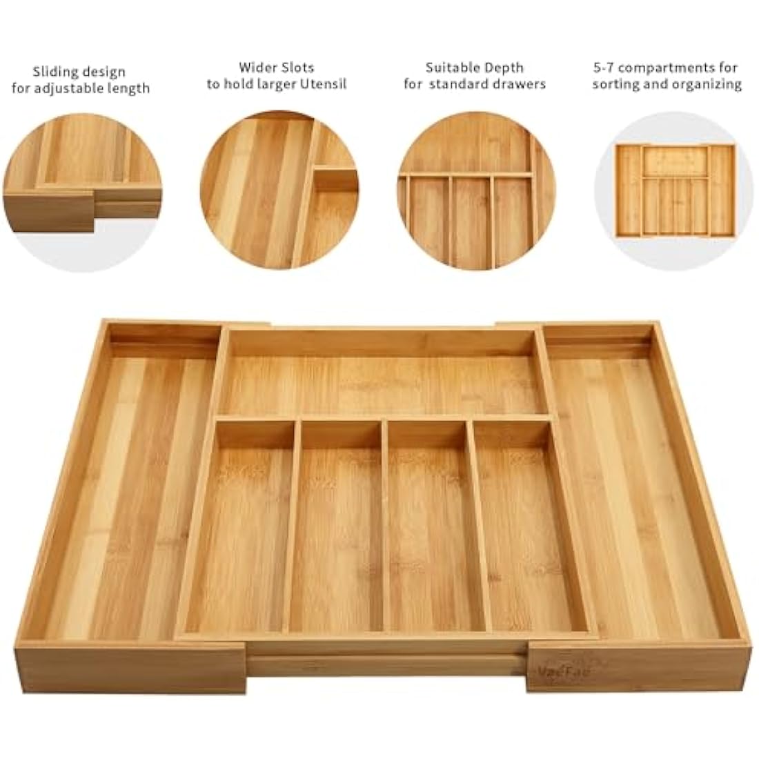 VaeFae Bamboo Cutlery Drawer Organiser, Expandable Cutlery Tray, Wooden Drawer Dividers for Kitchen Utensils and Flatware (5-7 Slots)