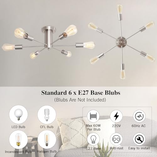 MRHYSWD Sputnik Ceiling Light Nickel Modern Light Fittings Ceilings, 6 Lights Vintage Ceiling Lamp Industrial Ceiling Lights Living Room Bedroom Kitchen Hallway Bath, Without E27 Bulbs