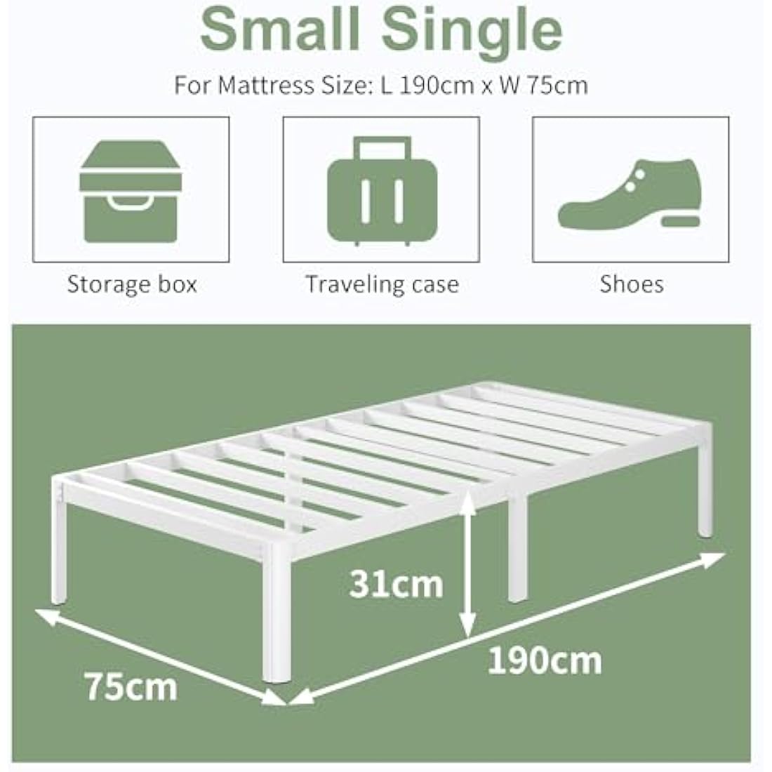 Lutown-Teen 30 cm High Small Single Bed Frames 2ft6 with Rounded Corner Legs, Heavy Duty White Metal Small Single Bed Frame, Noise Free, Easy Assembly