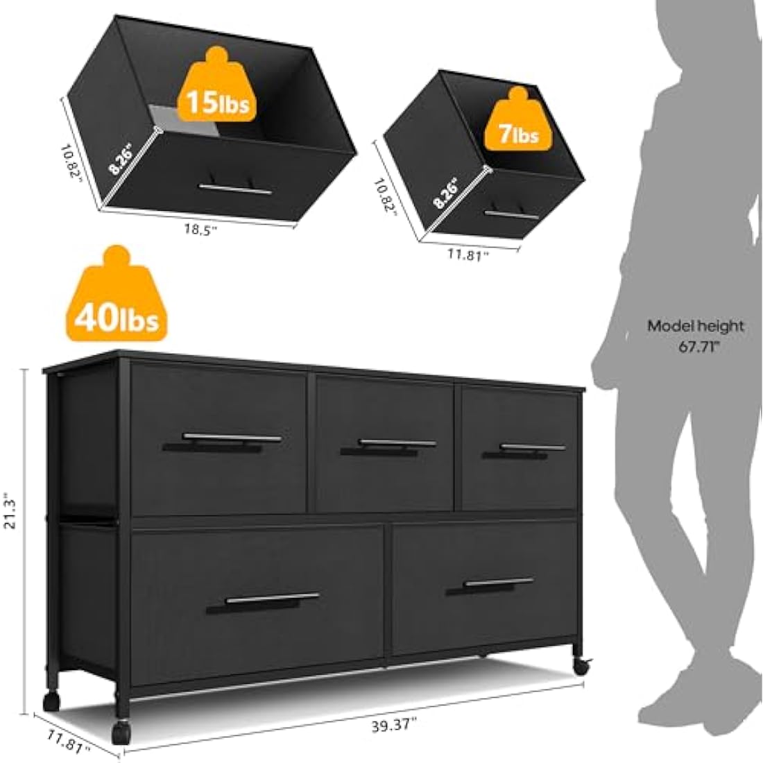 MYGIIVOVO Chest of Drawers, Dresser for Bedroom with 5 Fabric Drawers, TV Stand with 4 Castors, Storage Organizer Unit for Living Room Kids Room (Black)