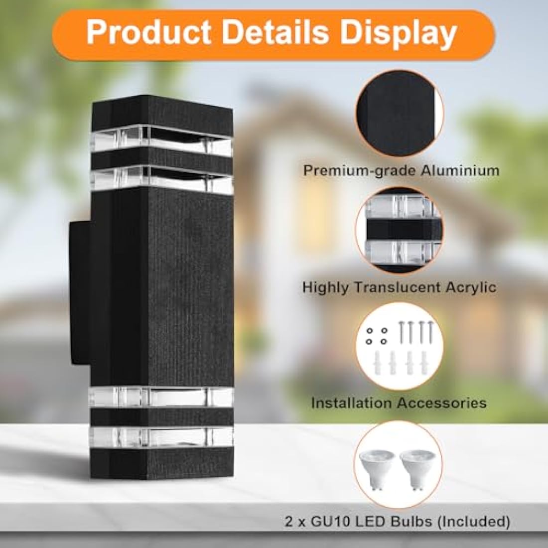 CELAVY Outdoor Wall Lights Mains Powered Outside Up Down Lights, IP65 LED Porch Front Door Light, Square Exterior GU10 Modern Lighting External Electric Sconce Wall Mounted for House 2 Pack, Black