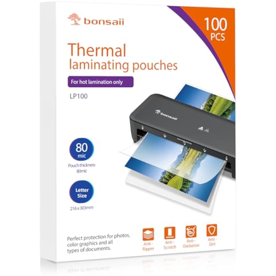 Bonsaii A4 Laminating Pouches, 100 Sheets, 160 Microns (2×80 Microns), Glossy Finish, Clear and Durable, Ideal for Notices and Photos (LP100-A4)